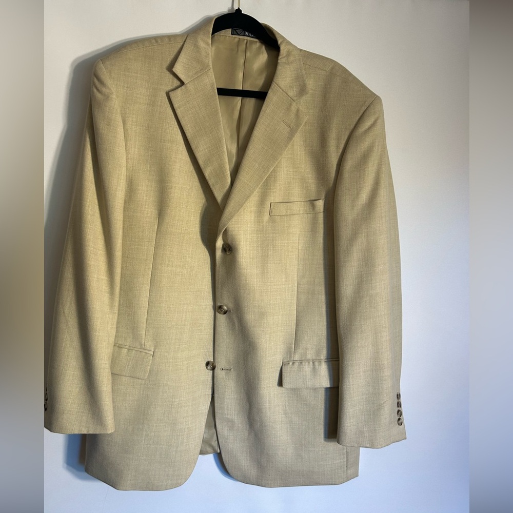 MAZZONI BEIGE/TAN TEXTURE POLYESTER/VISCOSE VENTLESS BLAZER/DINNER JACKET 44L